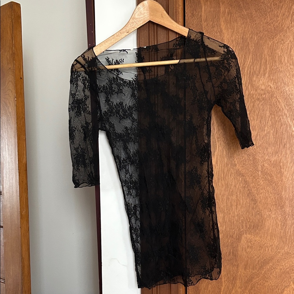 Black Sheer Lace Long Sleeve Top